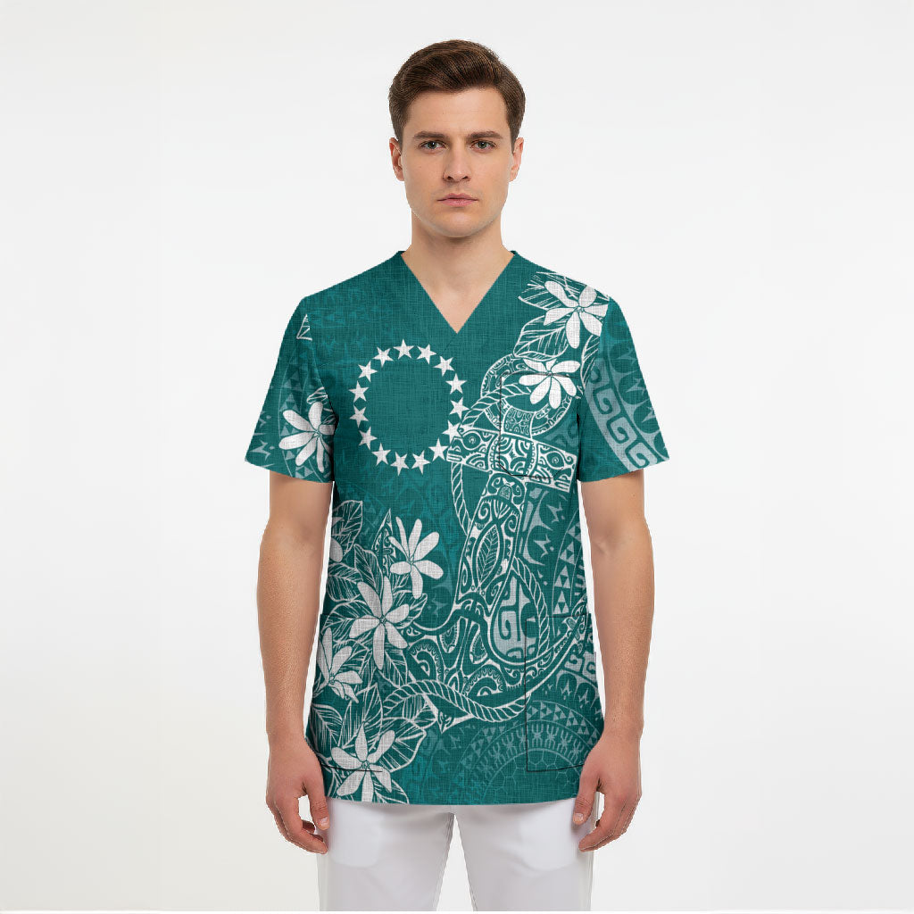 Teal Kuki Airani Tapakau Scrub Top Tribal Anchor Mix Tiare LT7 - Polynesian Pride