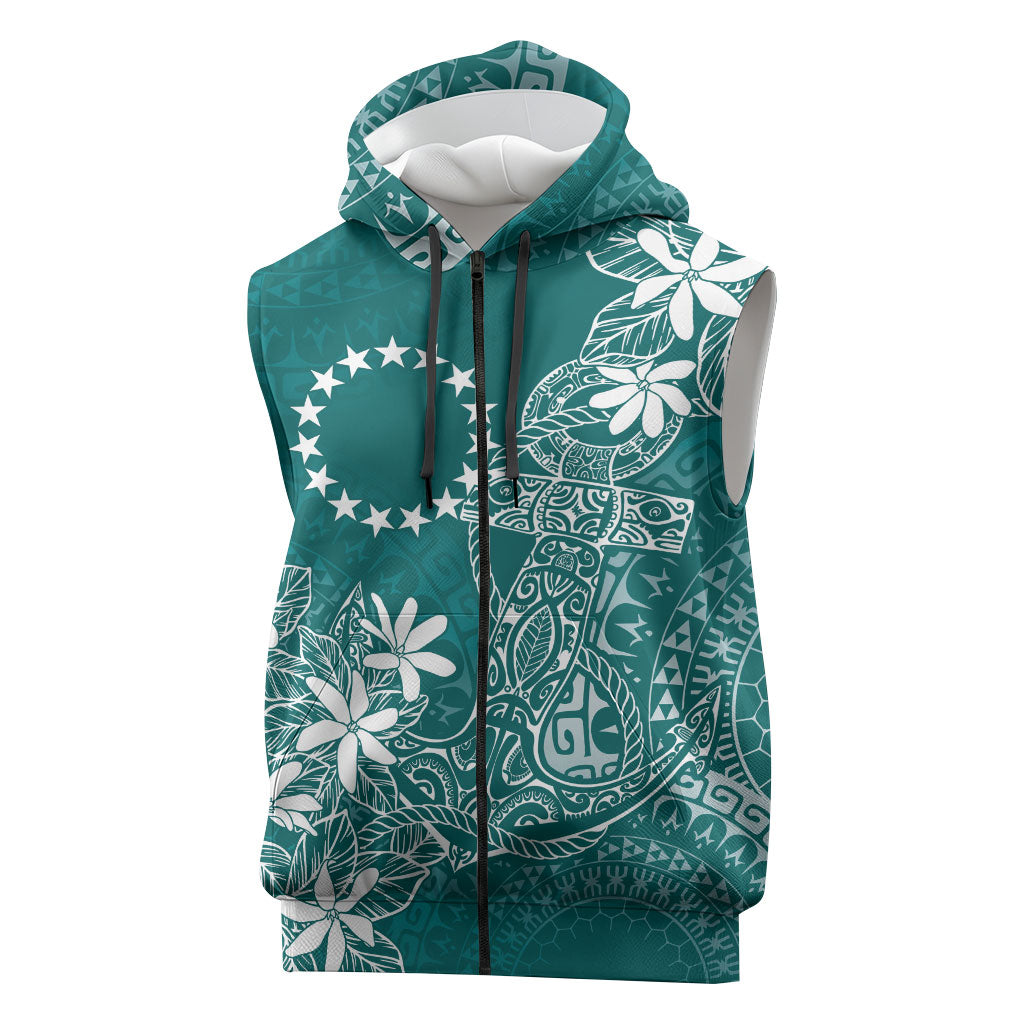 Teal Kuki Airani Tapakau Sleeveless Zip Hoodie Tribal Anchor Mix Tiare