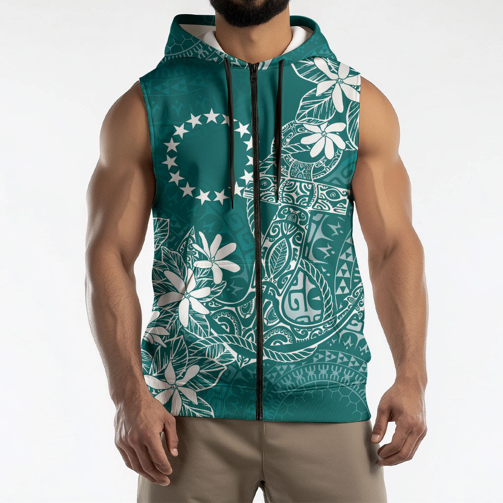 Teal Kuki Airani Tapakau Sleeveless Zip Hoodie Tribal Anchor Mix Tiare