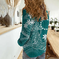 Teal Kuki Airani Tapakau Women Casual Shirt Tribal Anchor Mix Tiare