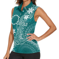 Teal Kuki Airani Tapakau Women Sleeveless Polo Shirt Tribal Anchor Mix Tiare