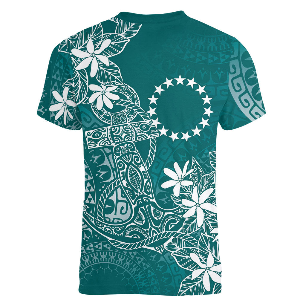 Teal Kuki Airani Tapakau Women V-Neck T-Shirt Tribal Anchor Mix Tiare