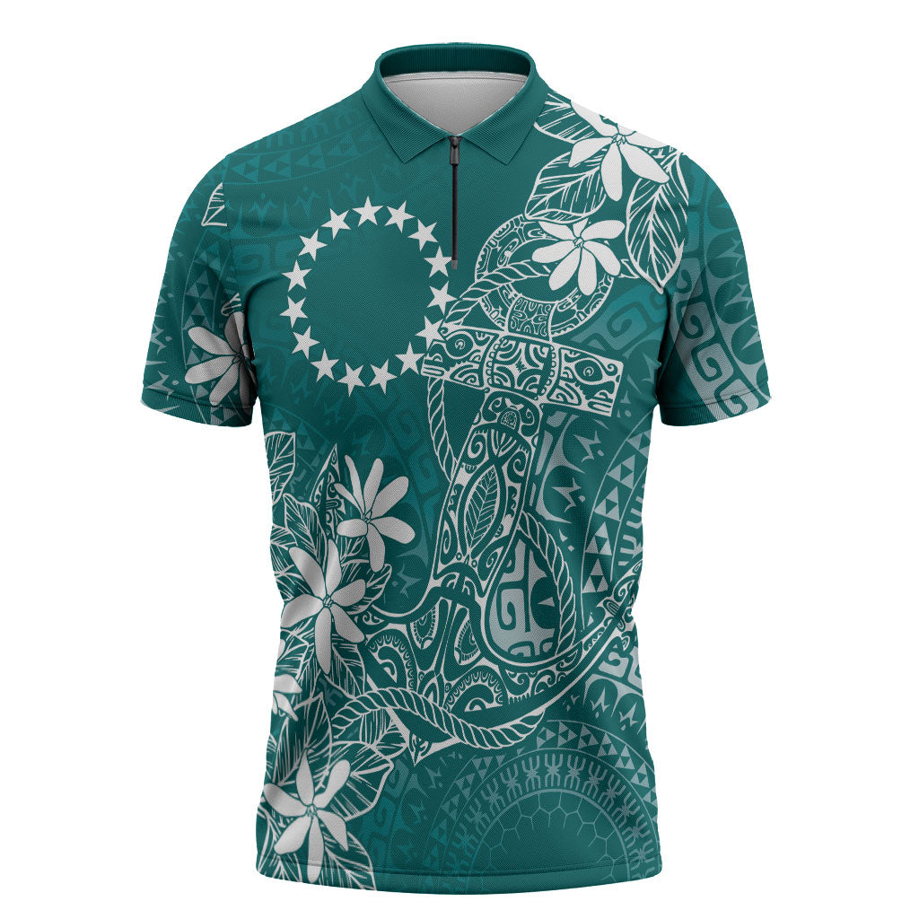 Teal Kuki Airani Tapakau Zipper Polo Shirt Tribal Anchor Mix Tiare