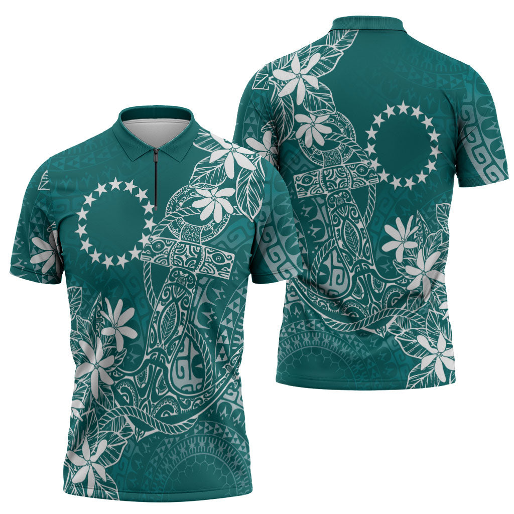 Teal Kuki Airani Tapakau Zipper Polo Shirt Tribal Anchor Mix Tiare