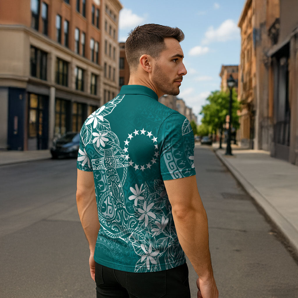 Teal Kuki Airani Tapakau Zipper Polo Shirt Tribal Anchor Mix Tiare
