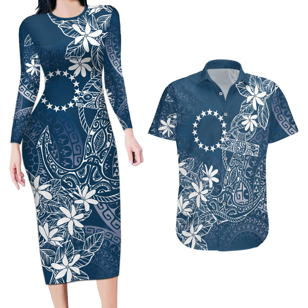 Navy Kuki Airani Tapakau Couples Matching Long Sleeve Bodycon Dress and Hawaiian Shirt Tribal Anchor Mix Tiare