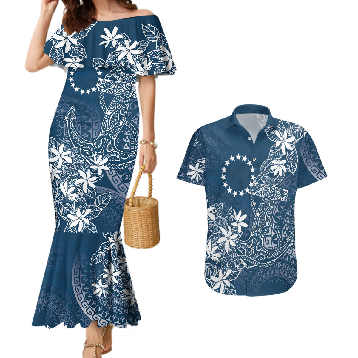 Navy Kuki Airani Tapakau Couples Matching Mermaid Dress and Hawaiian Shirt Tribal Anchor Mix Tiare