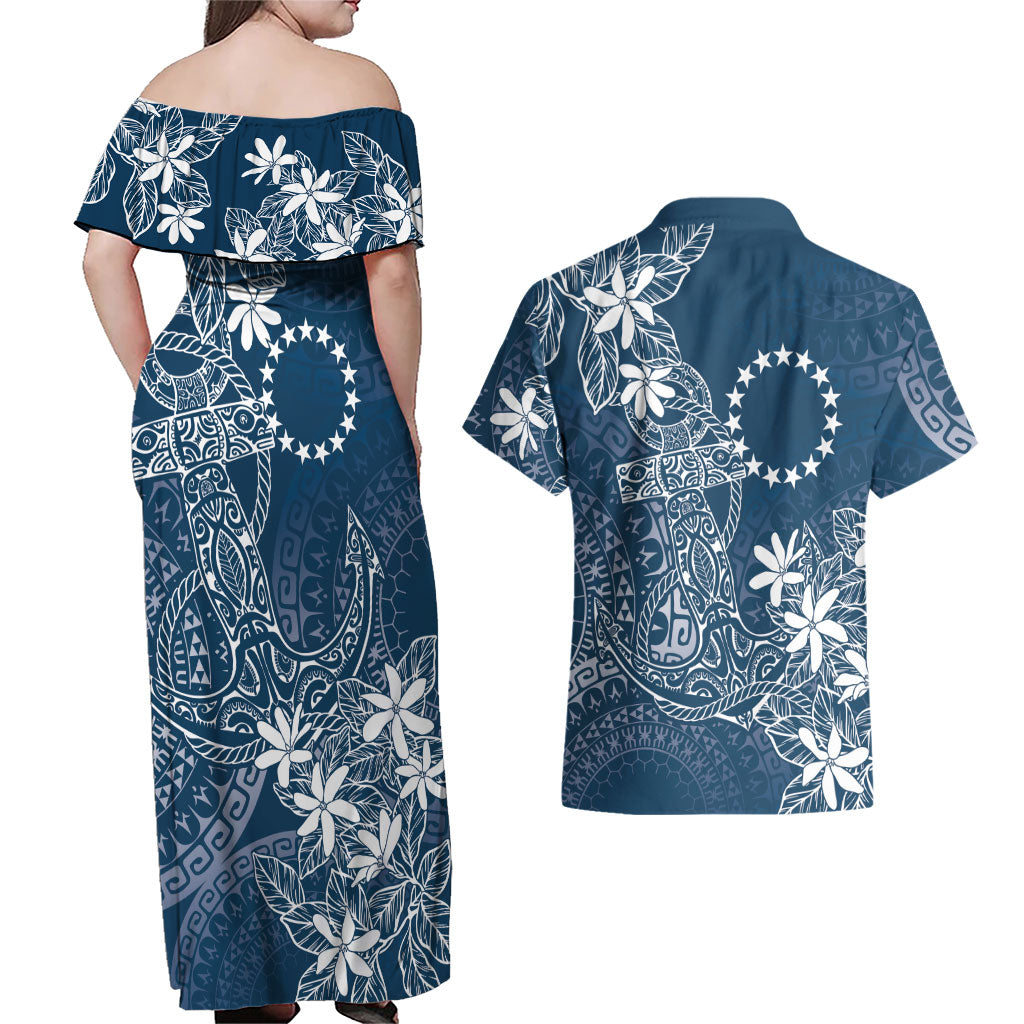 Navy Kuki Airani Tapakau Couples Matching Off Shoulder Maxi Dress and Hawaiian Shirt Tribal Anchor Mix Tiare