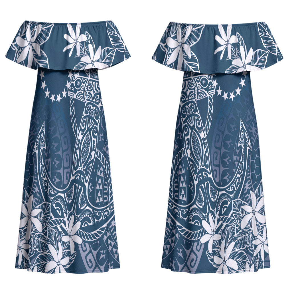 Navy Kuki Airani Tapakau Couples Matching Off Shoulder Maxi Dress and Hawaiian Shirt Tribal Anchor Mix Tiare LT7 - Polynesian Pride
