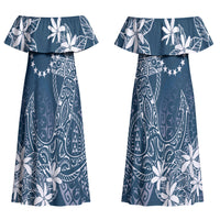 Navy Kuki Airani Tapakau Couples Matching Off Shoulder Maxi Dress and Hawaiian Shirt Tribal Anchor Mix Tiare LT7 - Polynesian Pride