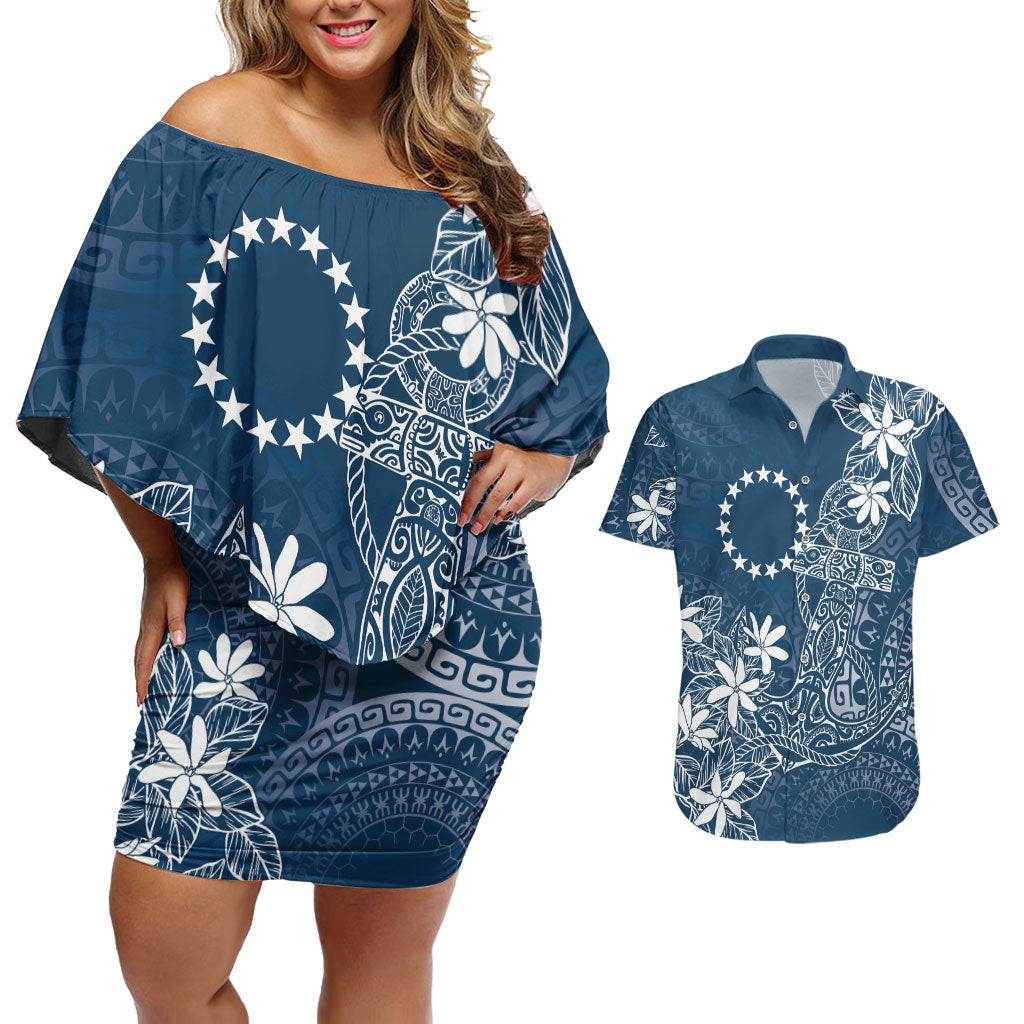 Navy Kuki Airani Tapakau Couples Matching Off Shoulder Short Dress and Hawaiian Shirt Tribal Anchor Mix Tiare