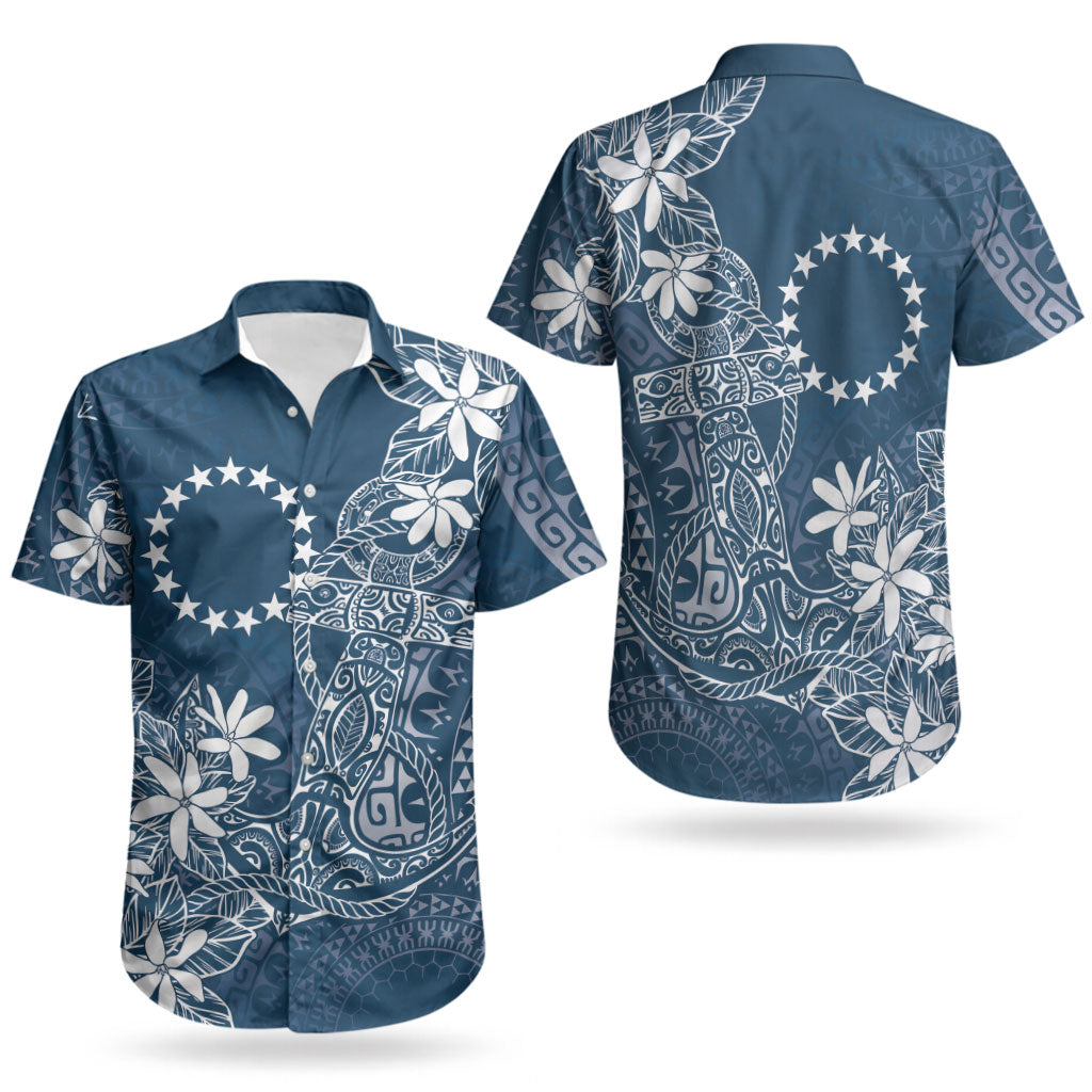 Navy Kuki Airani Tapakau Couples Matching Off Shoulder Short Dress and Hawaiian Shirt Tribal Anchor Mix Tiare LT7 - Polynesian Pride