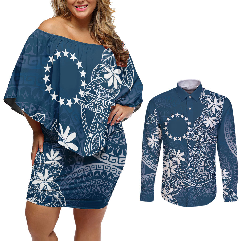 Navy Kuki Airani Tapakau Couples Matching Off Shoulder Short Dress and Long Sleeve Button Shirt Tribal Anchor Mix Tiare