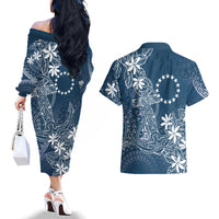Navy Kuki Airani Tapakau Couples Matching Off The Shoulder Long Sleeve Dress and Hawaiian Shirt Tribal Anchor Mix Tiare