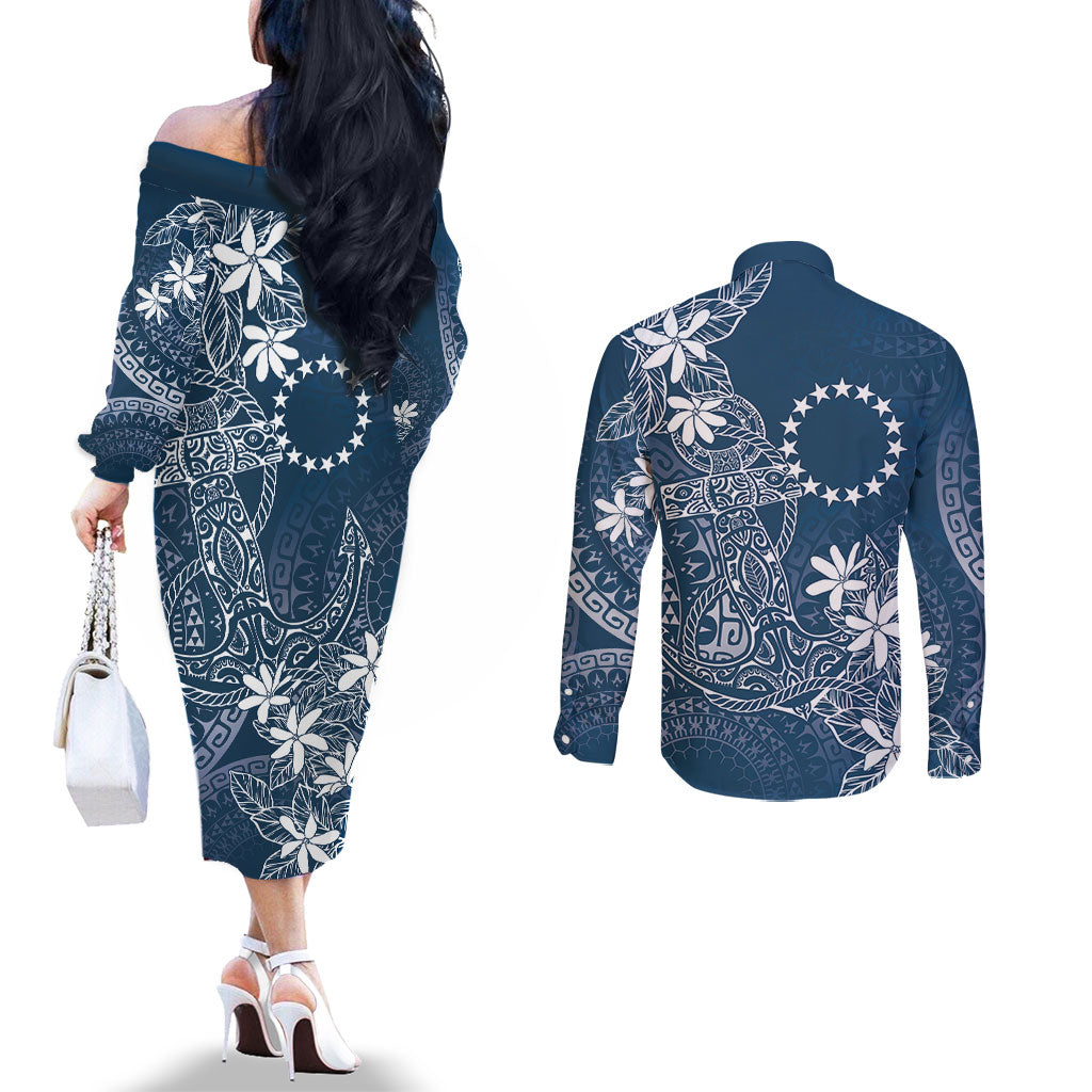 Navy Kuki Airani Tapakau Couples Matching Off The Shoulder Long Sleeve Dress and Long Sleeve Button Shirt Tribal Anchor Mix Tiare