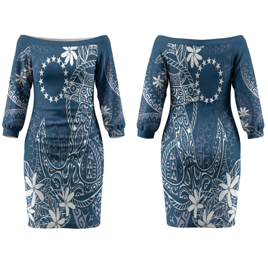 Navy Kuki Airani Tapakau Couples Matching Off The Shoulder Long Sleeve Dress and Long Sleeve Button Shirt Tribal Anchor Mix Tiare LT7 - Polynesian Pride