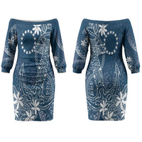Navy Kuki Airani Tapakau Couples Matching Off The Shoulder Long Sleeve Dress and Long Sleeve Button Shirt Tribal Anchor Mix Tiare LT7 - Polynesian Pride