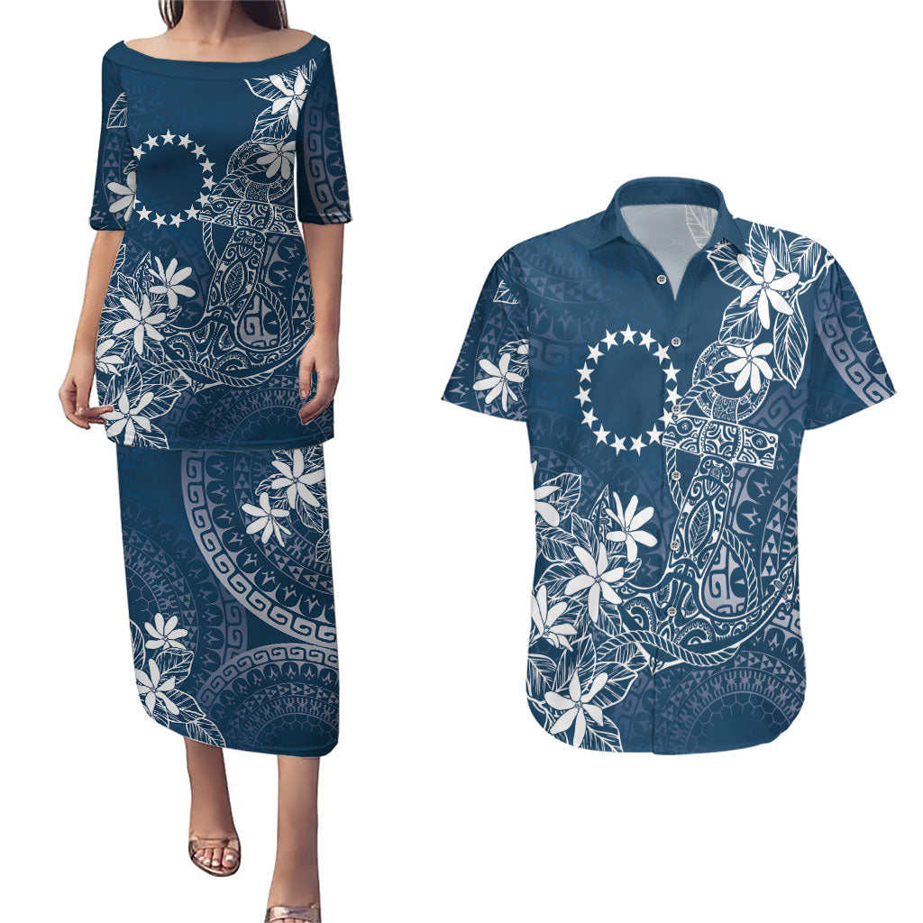 Navy Kuki Airani Tapakau Couples Matching Puletasi and Hawaiian Shirt Tribal Anchor Mix Tiare