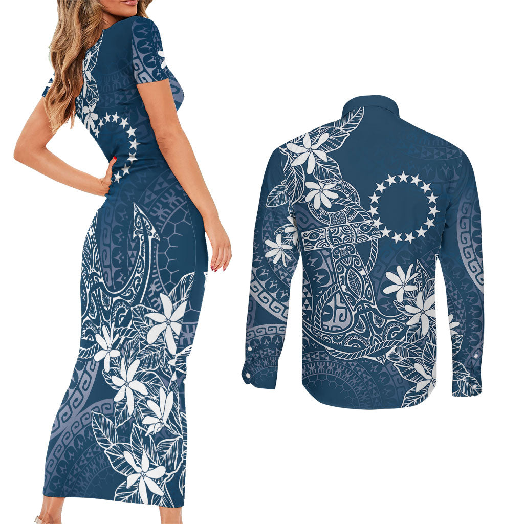 Navy Kuki Airani Tapakau Couples Matching Short Sleeve Bodycon Dress and Long Sleeve Button Shirt Tribal Anchor Mix Tiare