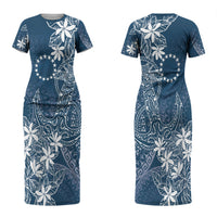 Navy Kuki Airani Tapakau Couples Matching Short Sleeve Bodycon Dress and Long Sleeve Button Shirt Tribal Anchor Mix Tiare LT7 - Polynesian Pride