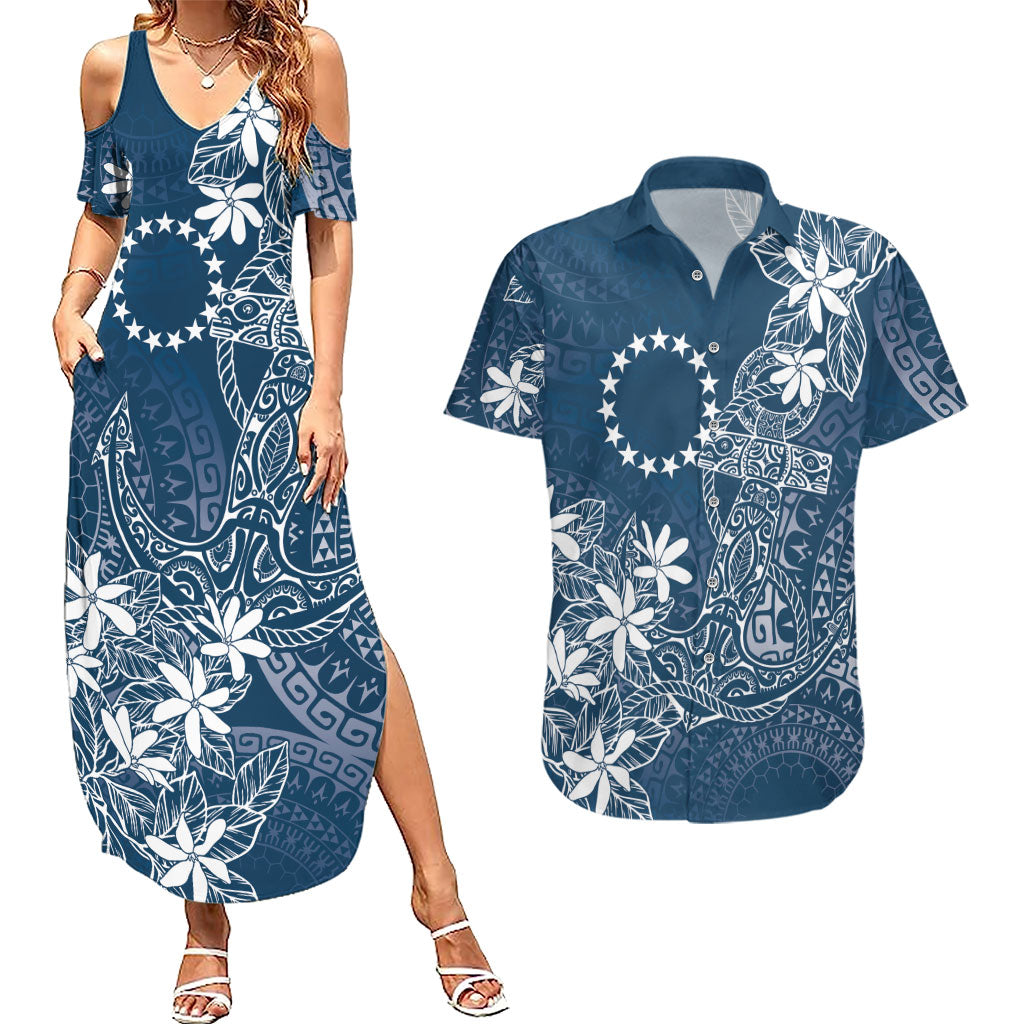 Navy Kuki Airani Tapakau Couples Matching Summer Maxi Dress and Hawaiian Shirt Tribal Anchor Mix Tiare