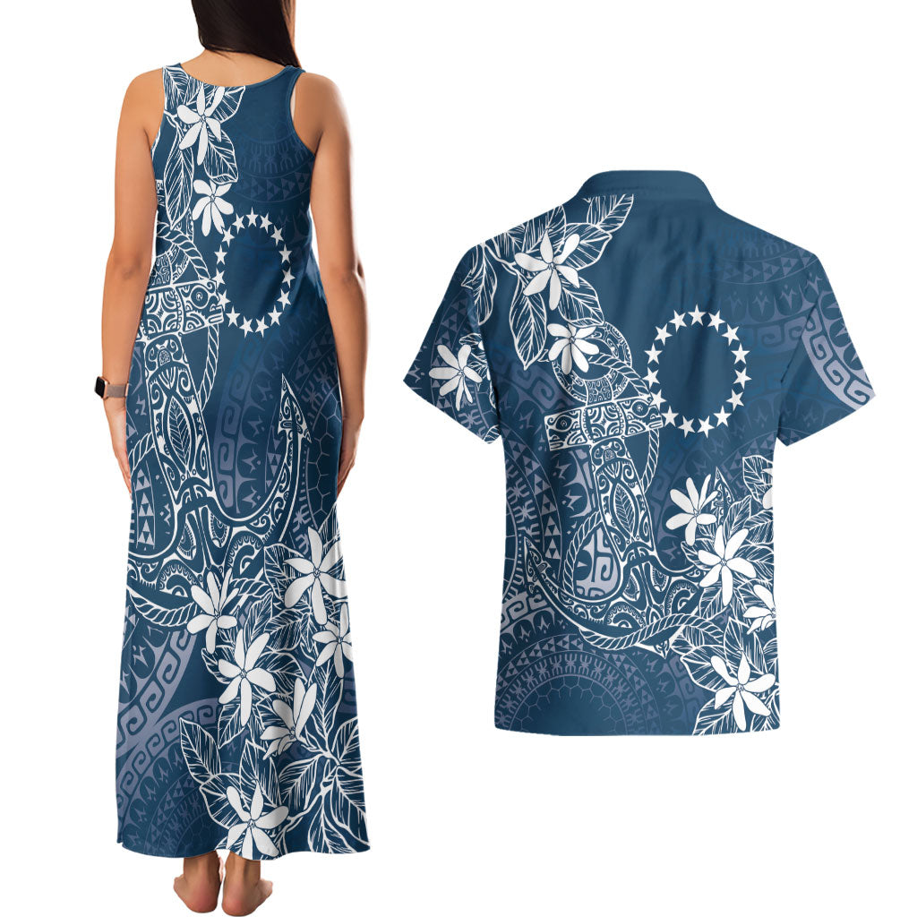Navy Kuki Airani Tapakau Couples Matching Tank Maxi Dress and Hawaiian Shirt Tribal Anchor Mix Tiare
