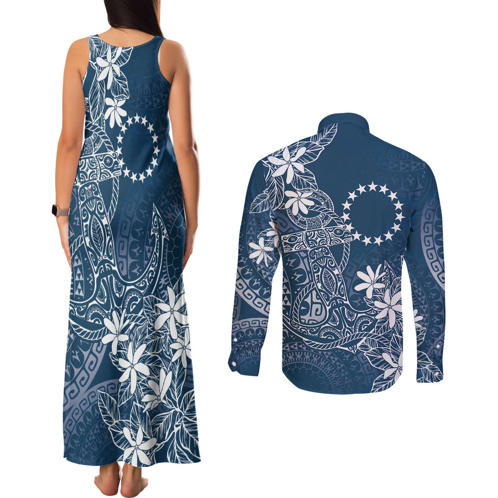 Navy Kuki Airani Tapakau Couples Matching Tank Maxi Dress and Long Sleeve Button Shirt Tribal Anchor Mix Tiare