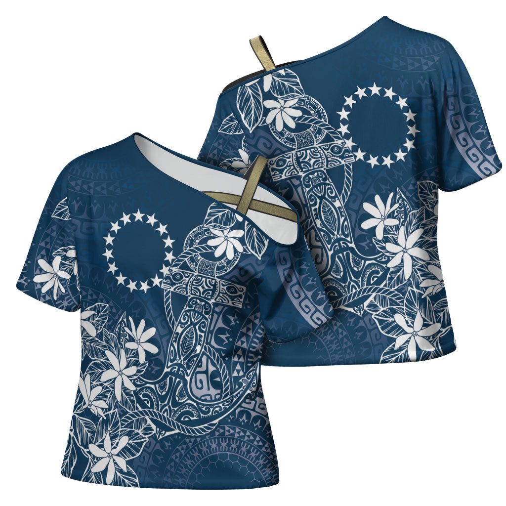 Navy Kuki Airani Tapakau Cross Shoulder Shirt Tribal Anchor Mix Tiare LT7 - Polynesian Pride