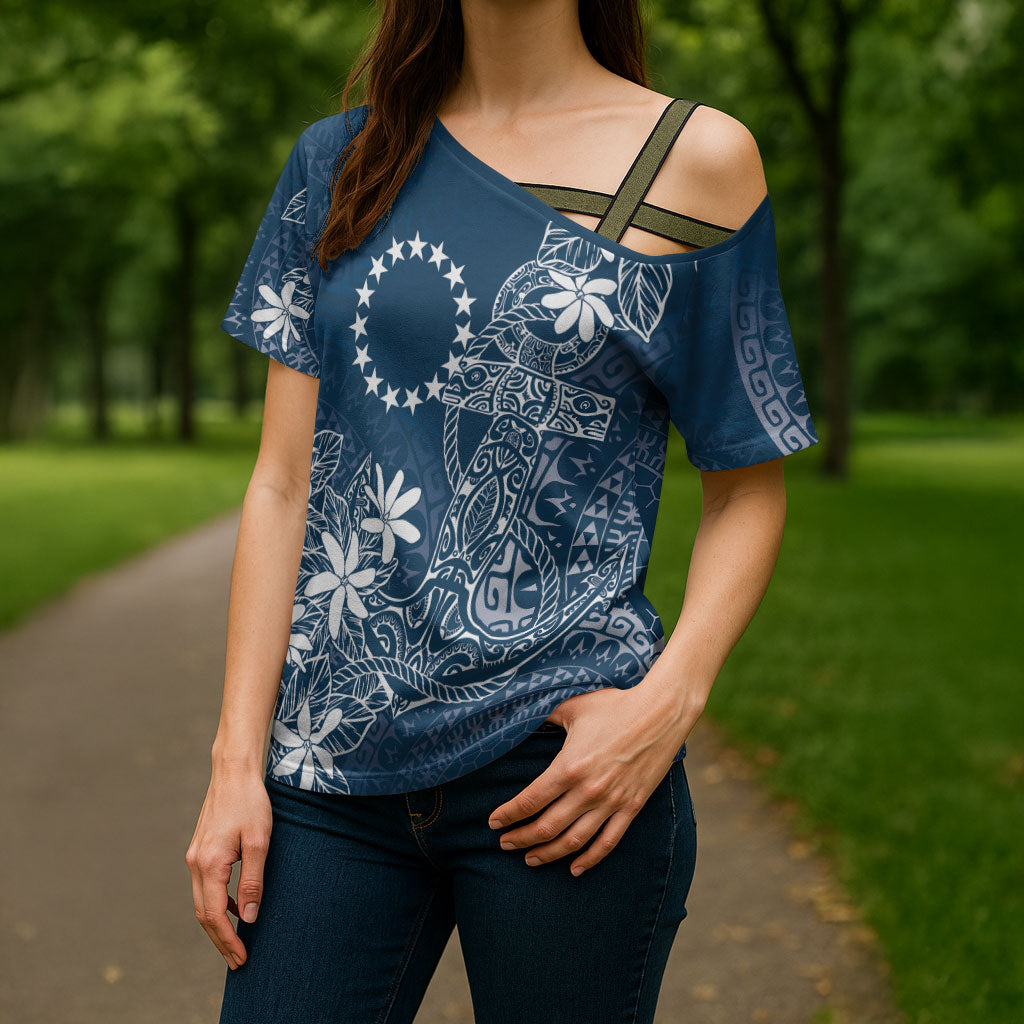 Navy Kuki Airani Tapakau Cross Shoulder Shirt Tribal Anchor Mix Tiare LT7 - Polynesian Pride