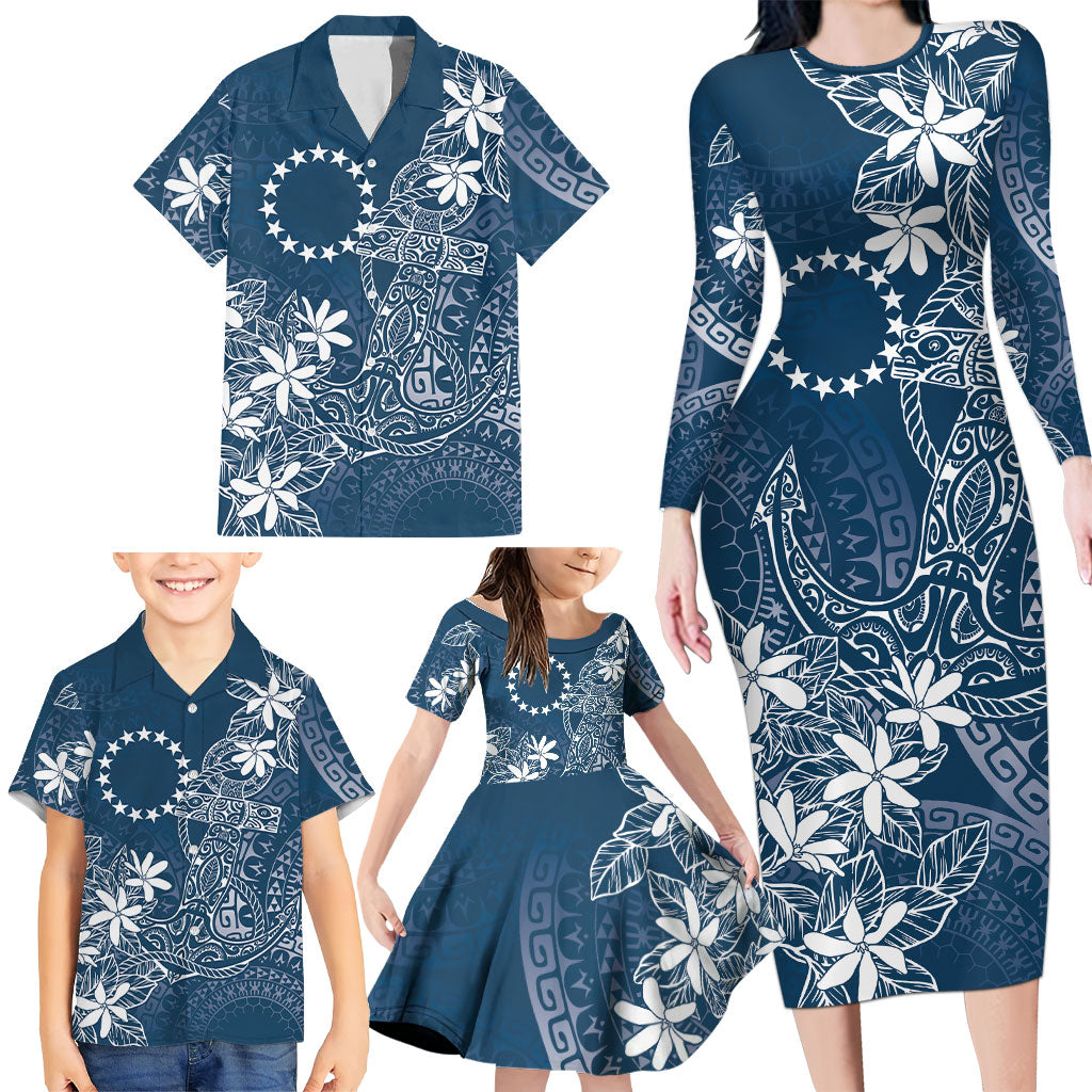 Navy Kuki Airani Tapakau Family Matching Long Sleeve Bodycon Dress and Hawaiian Shirt Tribal Anchor Mix Tiare