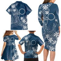 Navy Kuki Airani Tapakau Family Matching Long Sleeve Bodycon Dress and Hawaiian Shirt Tribal Anchor Mix Tiare
