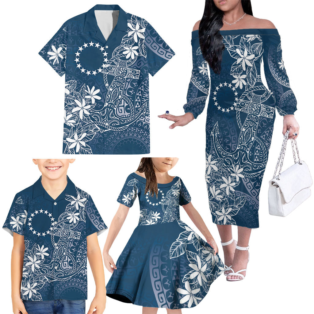 Navy Kuki Airani Tapakau Family Matching Off The Shoulder Long Sleeve Dress and Hawaiian Shirt Tribal Anchor Mix Tiare