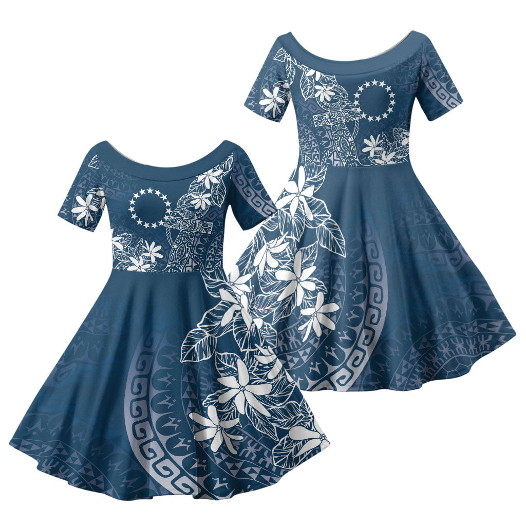 Navy Kuki Airani Tapakau Family Matching Off Shoulder Short Dress and Hawaiian Shirt Tribal Anchor Mix Tiare LT7 Daughter's Dress Navy - Polynesian Pride