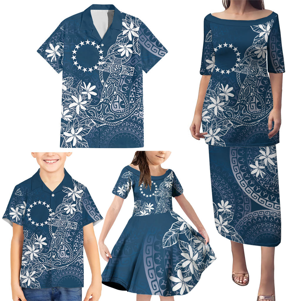 Navy Kuki Airani Tapakau Family Matching Puletasi and Hawaiian Shirt Tribal Anchor Mix Tiare