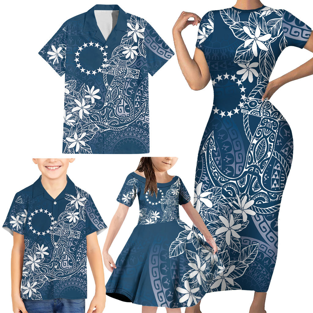 Navy Kuki Airani Tapakau Family Matching Short Sleeve Bodycon Dress and Hawaiian Shirt Tribal Anchor Mix Tiare