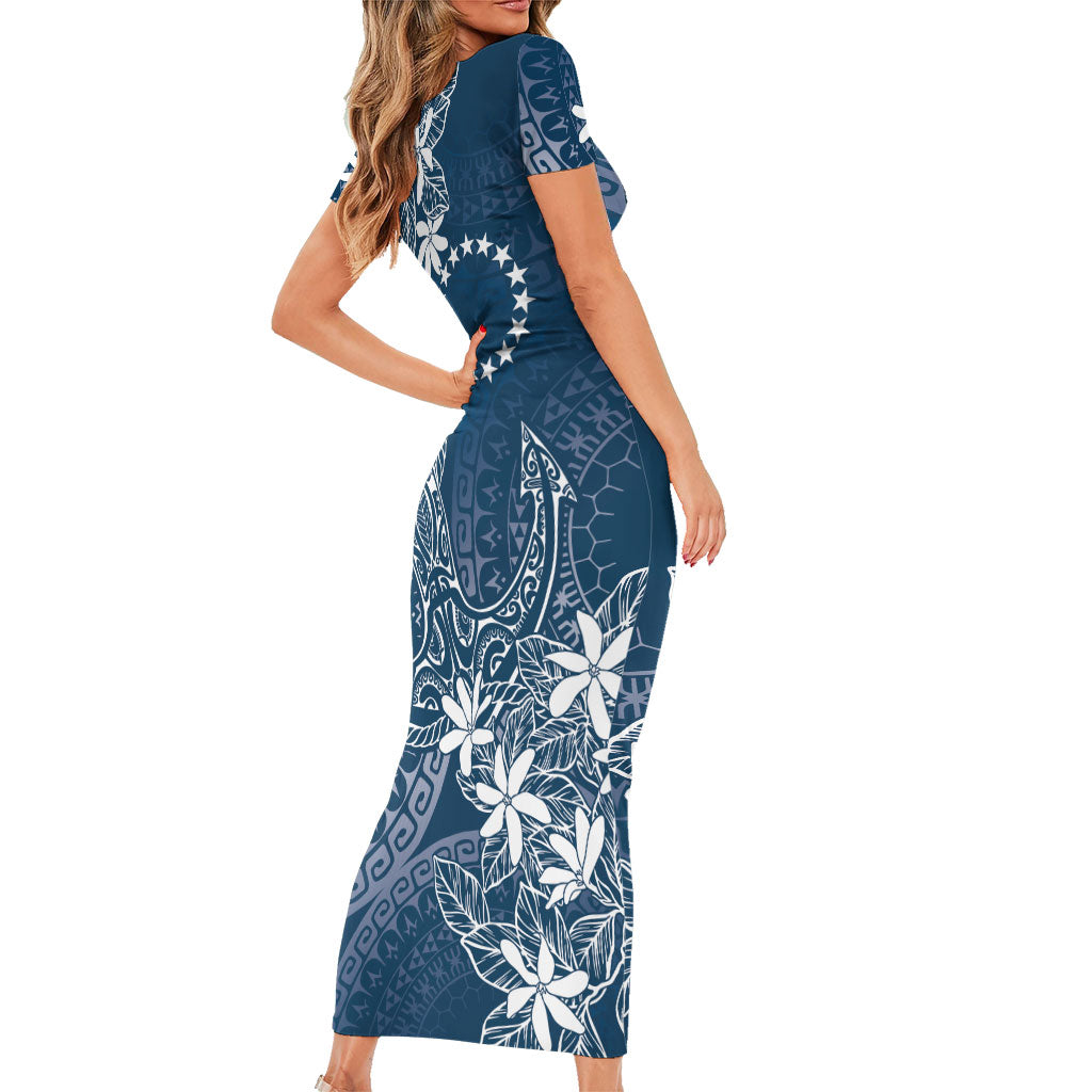 Navy Kuki Airani Tapakau Family Matching Short Sleeve Bodycon Dress and Hawaiian Shirt Tribal Anchor Mix Tiare
