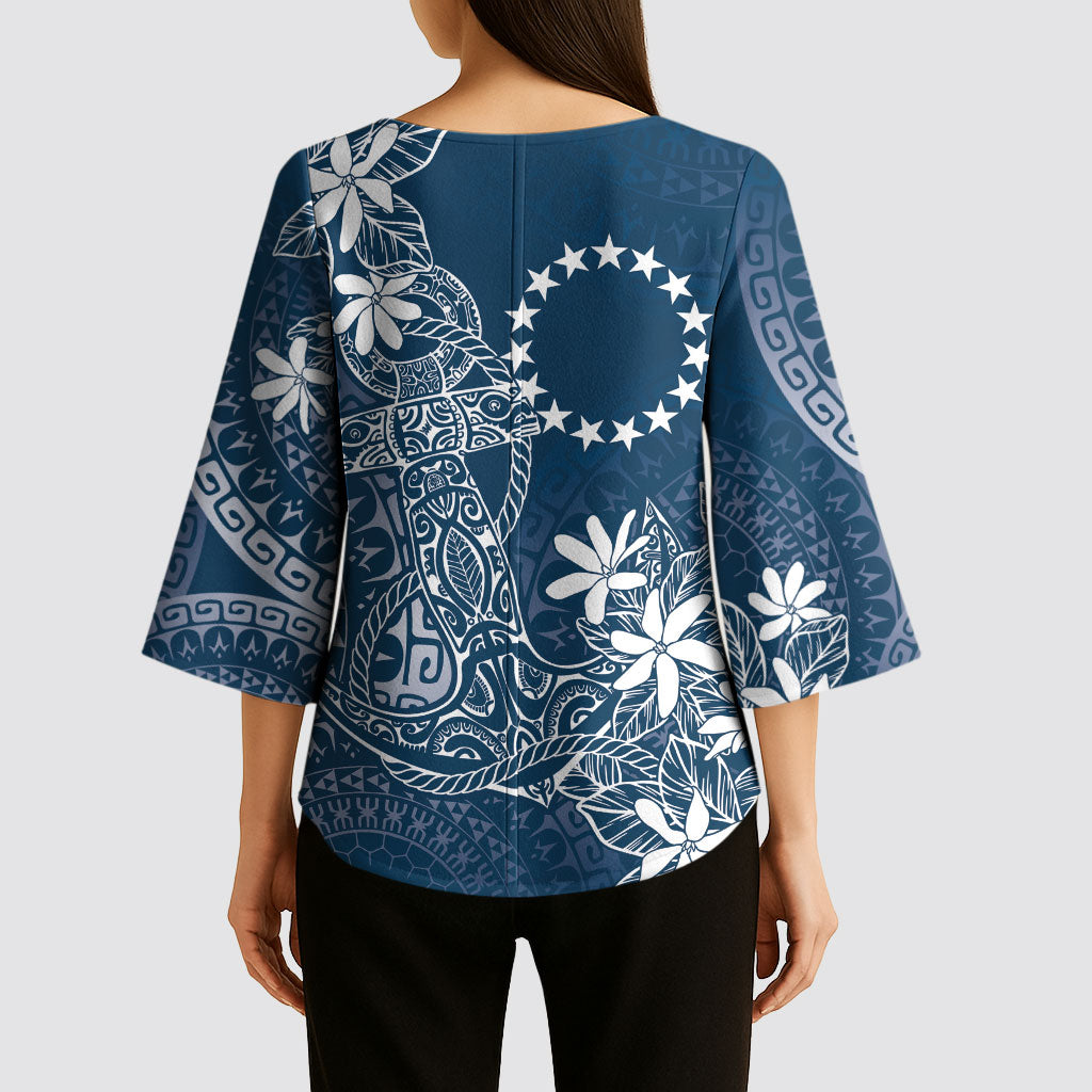 Navy Kuki Airani Tapakau Kimono Sleeve Blouse Tribal Anchor Mix Tiare