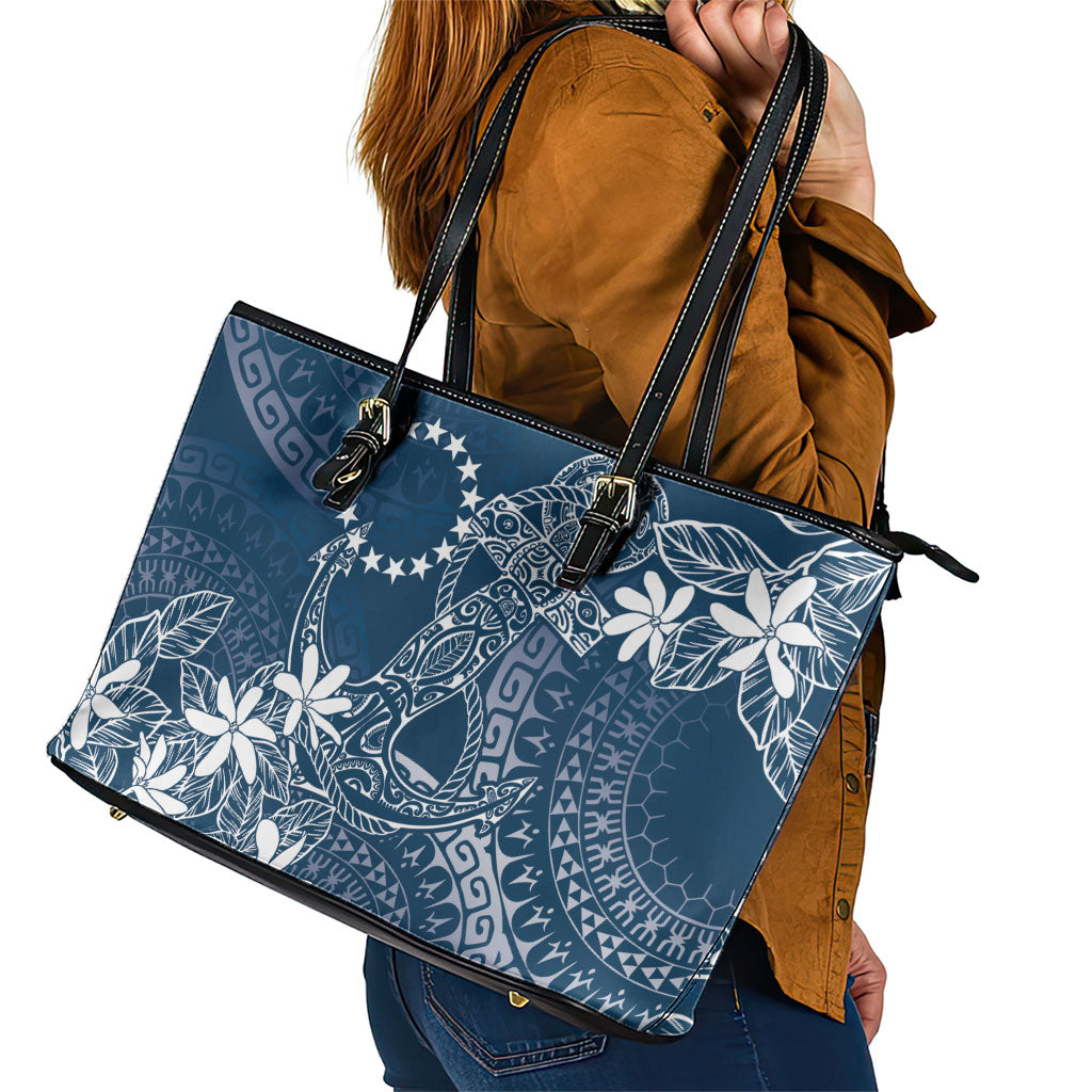Navy Kuki Airani Tapakau Leather Tote Bag Tribal Anchor Mix Tiare