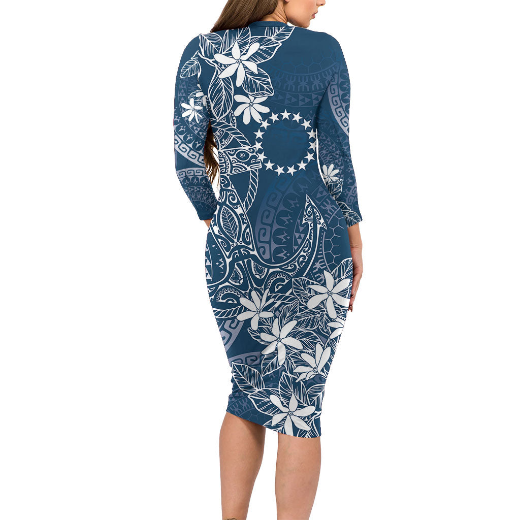Navy Kuki Airani Tapakau Long Sleeve Bodycon Dress Tribal Anchor Mix Tiare