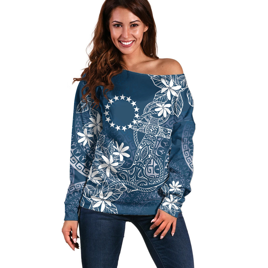 Navy Kuki Airani Tapakau Off Shoulder Sweater Tribal Anchor Mix Tiare