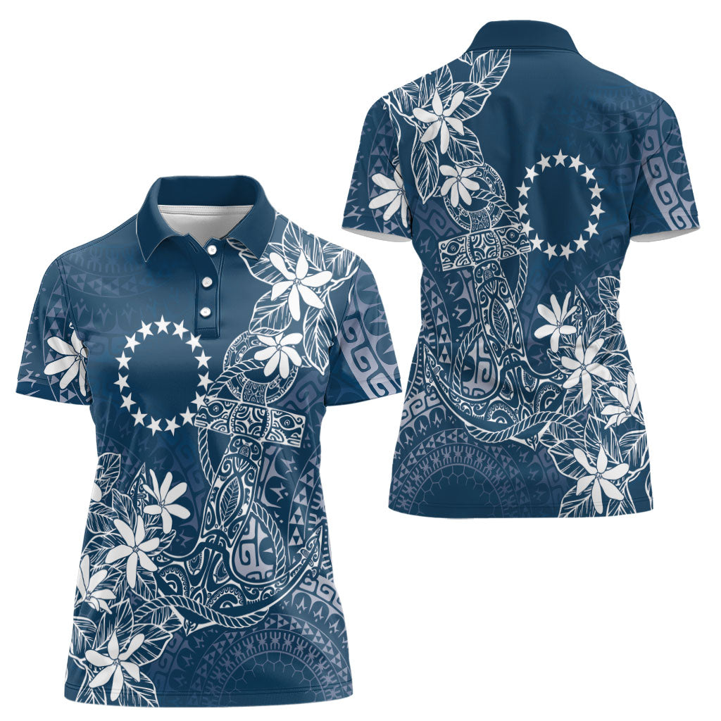 Navy Kuki Airani Tapakau Women Polo Shirt Tribal Anchor Mix Tiare