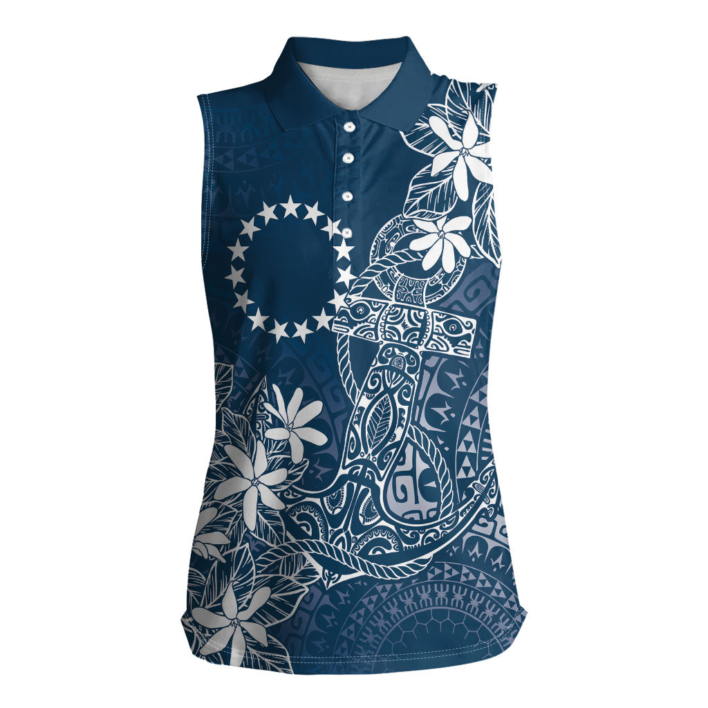 Navy Kuki Airani Tapakau Women Sleeveless Polo Shirt Tribal Anchor Mix Tiare