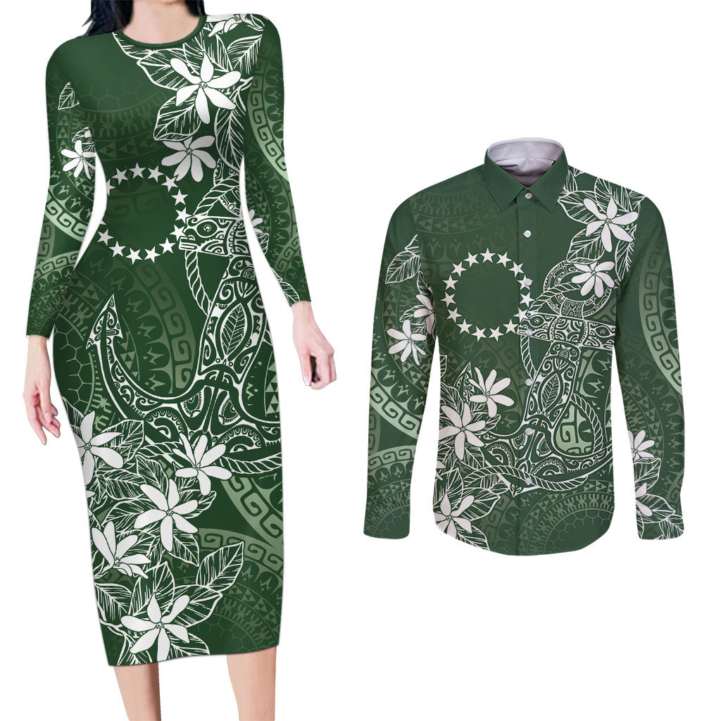 Sage Green Kuki Airani Tapakau Couples Matching Long Sleeve Bodycon Dress and Long Sleeve Button Shirt Tribal Anchor Mix Tiare