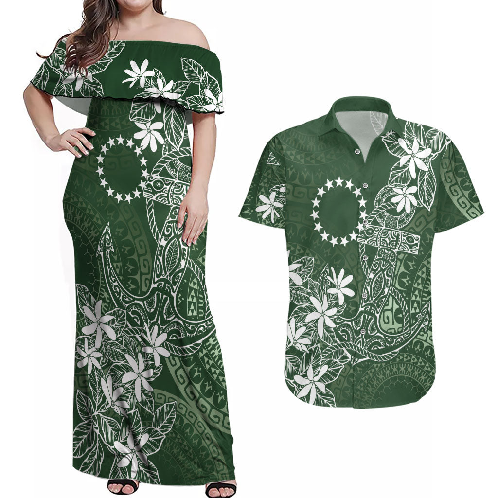Sage Green Kuki Airani Tapakau Couples Matching Off Shoulder Maxi Dress and Hawaiian Shirt Tribal Anchor Mix Tiare
