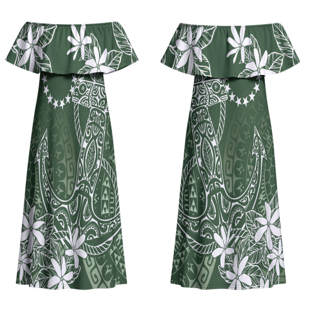 Sage Green Kuki Airani Tapakau Couples Matching Off Shoulder Maxi Dress and Long Sleeve Button Shirt Tribal Anchor Mix Tiare LT7 - Polynesian Pride
