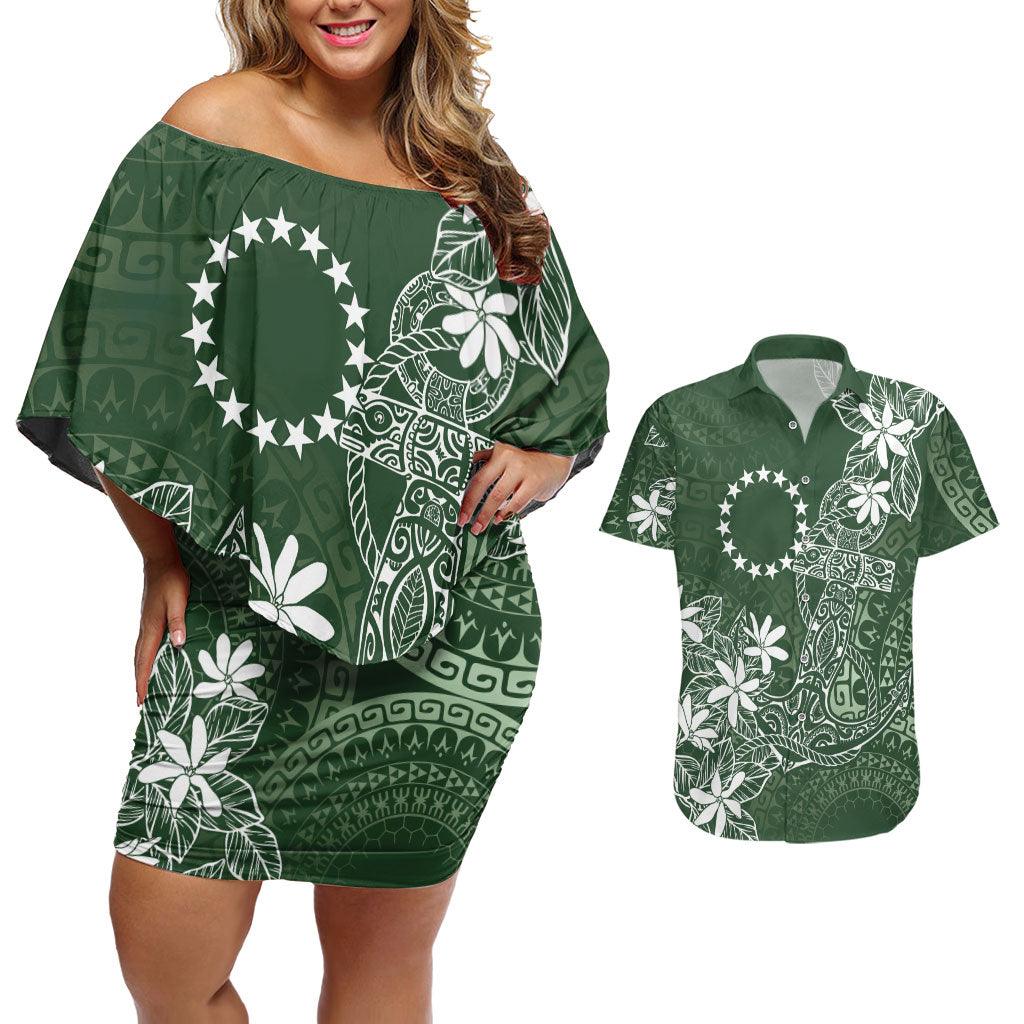 Sage Green Kuki Airani Tapakau Couples Matching Off Shoulder Short Dress and Hawaiian Shirt Tribal Anchor Mix Tiare