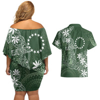 Sage Green Kuki Airani Tapakau Couples Matching Off Shoulder Short Dress and Hawaiian Shirt Tribal Anchor Mix Tiare