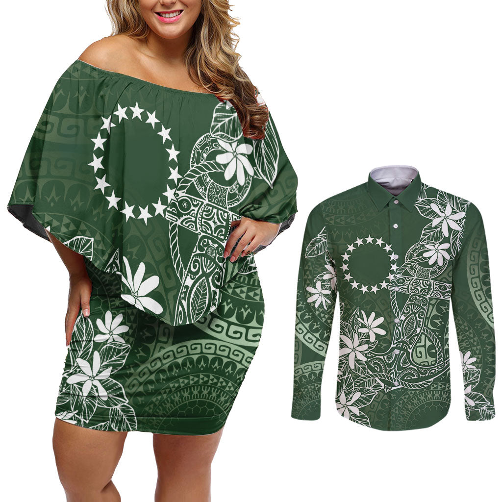 Sage Green Kuki Airani Tapakau Couples Matching Off Shoulder Short Dress and Long Sleeve Button Shirt Tribal Anchor Mix Tiare