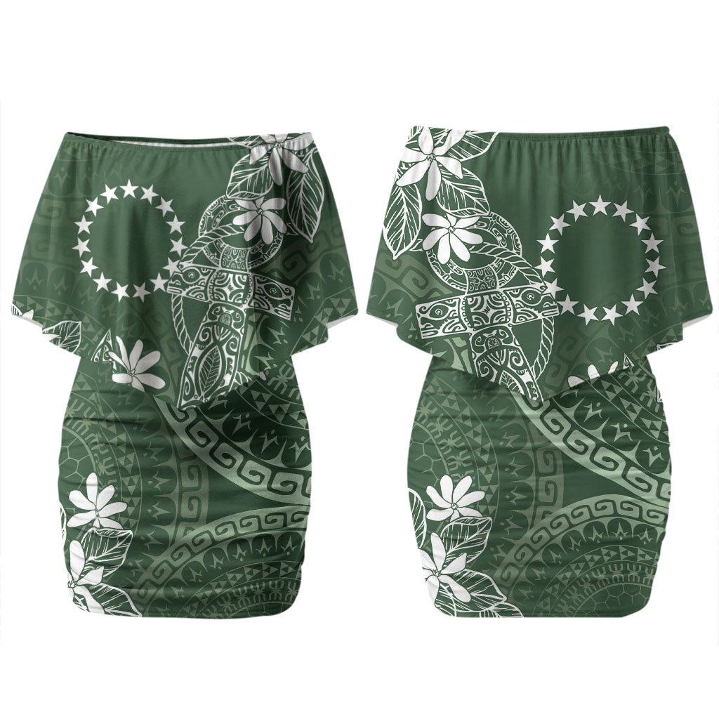 Sage Green Kuki Airani Tapakau Couples Matching Off Shoulder Short Dress and Long Sleeve Button Shirt Tribal Anchor Mix Tiare LT7 - Polynesian Pride