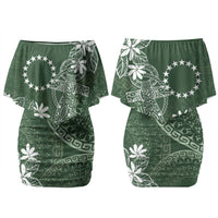 Sage Green Kuki Airani Tapakau Couples Matching Off Shoulder Short Dress and Long Sleeve Button Shirt Tribal Anchor Mix Tiare LT7 - Polynesian Pride